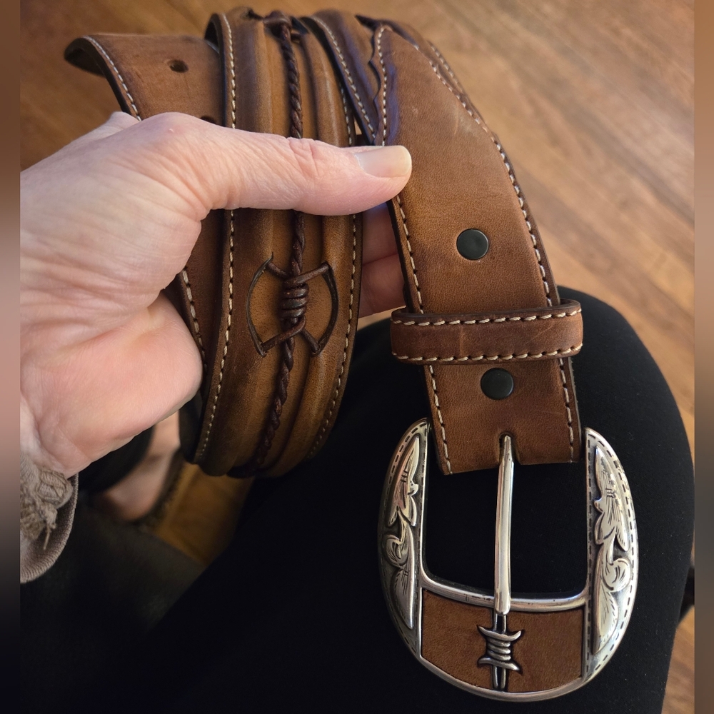 Leather Western Belt with Silver Buckle - Picture 15 of 16